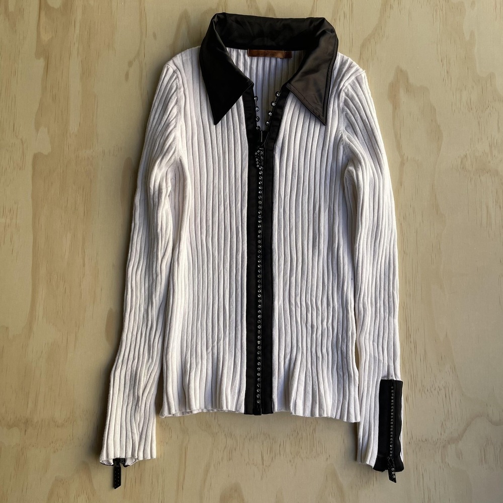 Bellini Sweater Womens Medium White Ribbed Full‎ Zip Collared Knit Rhinestone